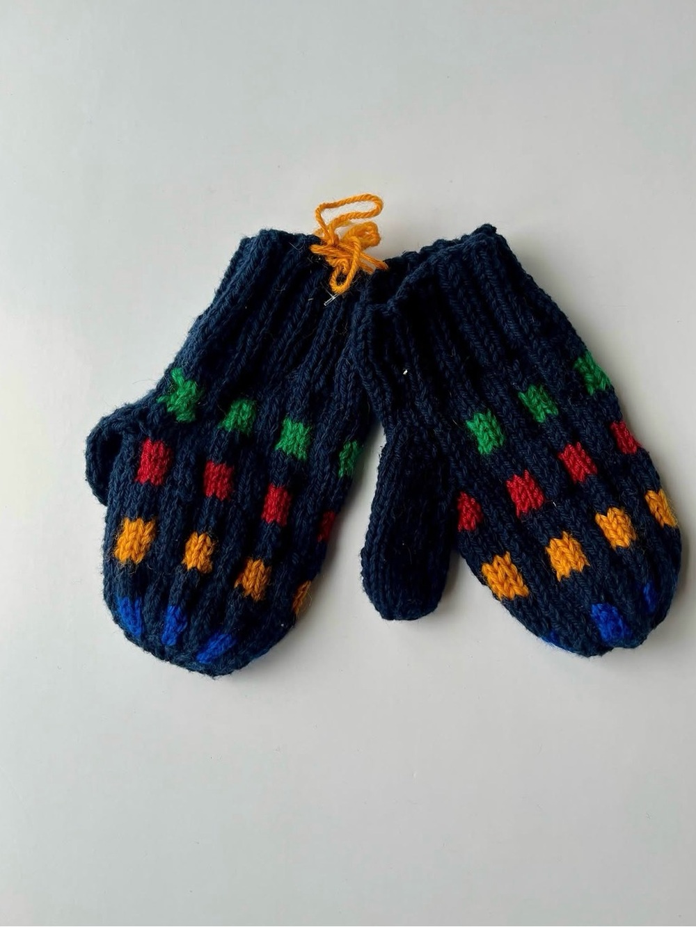 Hand knit Kids Navy Knit Mittens with Multicolor accents 6